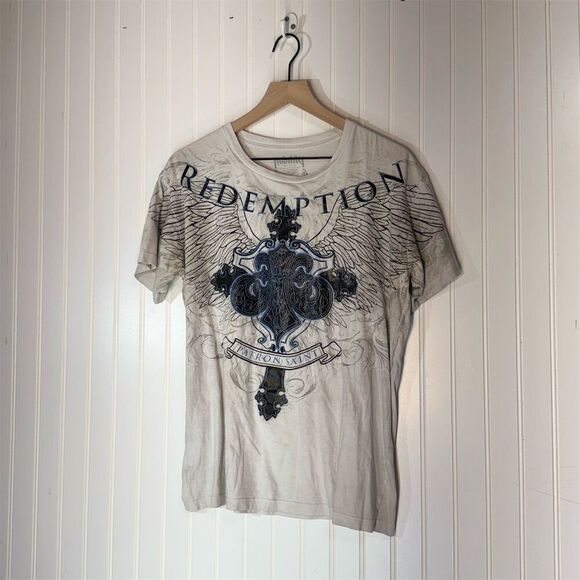 Y2K Nobility Affliction Style Cyber Goth Angel Wings Celtic Cross T Shirt  L - Picture 1 of 9